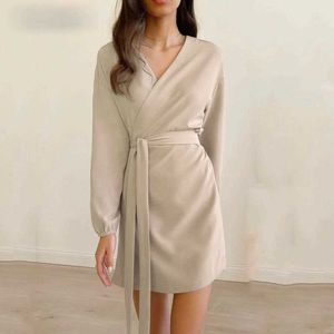 Sexy Slim V Neck Dress Lace Up Long Sleeve Women Club Midi Short Dresses Khaki Black Party Clothes Spring Autumn 210602