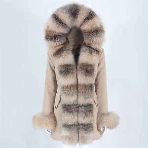Oftbuy Vattentät Vinterjacka Kvinnor Real Fur Coat Natural Real Fox Raccoon Fur Hooded Long Parkas Ytterkläder Avtagbar 210927