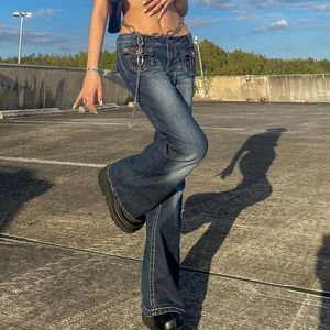 Korean Style Harajuku Womens Denim Jeans Y2K Grunge Vintage Low Waisted Pockets Skinny Flare Pants 2000s Retro Cargo Trousers