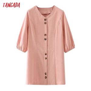 Tangada Summer Women Pink Dress V Neck Krótki Rękaw Damski Mini Robe Da188 210609