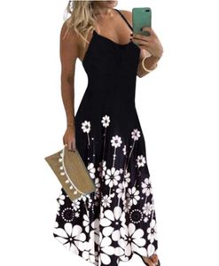 Casual Loose Spaghetti Strap Dress Mulheres Verão Sexy V Neck Boho Praia Floral Impressão Maxi Plus Size Longo Robe Vestido 210526