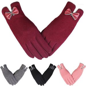 Winter Ladies Non-fleece Bow Decoration Fashion Touch Screen Warm Gloves, Riding Windproof Gloves D151