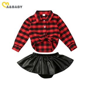 0-24m julfödd spädbarn baby flicka kläder set röd pläd långärmad blus pu läder kjolar xmas party höst outfits 210515