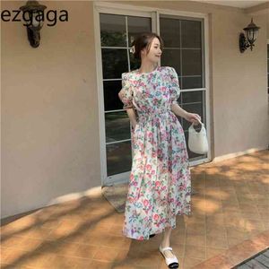 Ezgaga Abito longuette a maniche corte con stampa floreale a sbuffo Donna Moda coreana Estate Nuova elegante signora delicata a vita alta Abiti dolci 210430