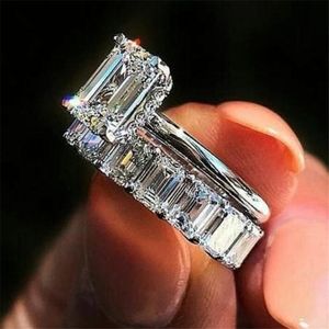 Choucong Enkelt Mode Smycken Vigselringar 925 Sterling Silver Emerald Cut Vit Topaz CZ Diamant Ädelstenar Fest Par Kvinnor Förlovning Brudring Set Gåva