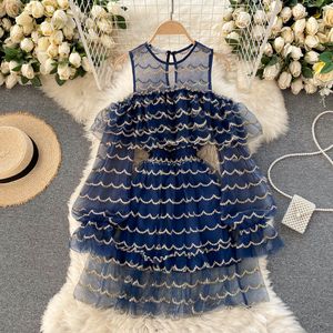 SINGREINY Chic Off Shoulder Mesh Dress Women Hollow Wave Cut Puff Sleeve A-line Evening Dress Summer Korean Elegant Ruffle Dress 210419