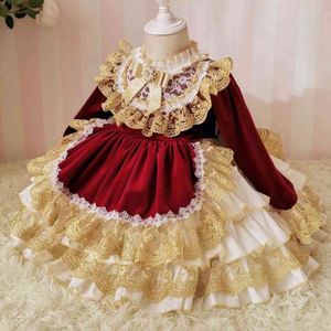 Spanisches Gericht-Lolita-Stil-Baby-Mädchen-Samt-Prinzessin-Kind-Spitzennaht-Weihnachtsfest-Geburtstags-Ballkleid-Kleid G1129