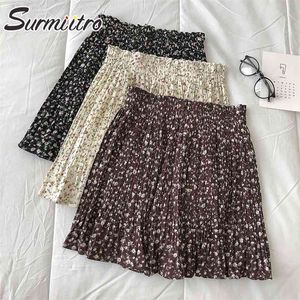 Sommar mini pläterad kjol kvinnor koreanska stil vit svart blommig chiffong en linje hög midja sol shorts kvinna 210421