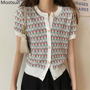 Vintage Floral Knitted Cardigan Tops Women Summer Short Sleeve O-neck Pearl Buttons Sweater Korean Elegant Ladies Jumpers Femme 210514