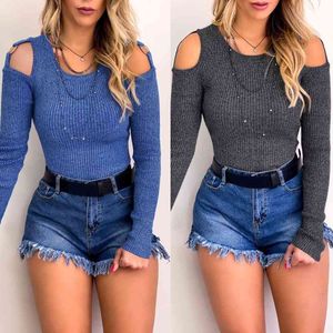 Sexy Off Schulter Schlank Herbst Pullover Blau Grau Enge Top Frauen O Hals Langarm Casaul Gestrickte Pullover Weibliche Winter kleidung 210507