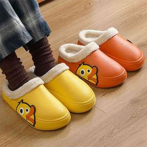 Women Men Slippers 3d Embroidery Cartoon Duck Winter Warm Plush Shoes Waterproof Couple Home Indoor House Memory Form Fur Slides 210914