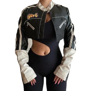 Damen Jacken Brief Drucken Patchwork Crop Tops Kurze Bomberjacke Frauen Moto Biker Hip Hop Reißverschluss Slim Stehkragen Varsity Y2K Mäntel