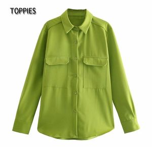 القمصان الخضراء امرأة فضفاضة المتضخم جيوب مزدوجة بلون اللون الأبيض الوردي البلوزات قمم 210421