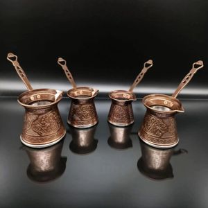 Turkiskt mönster Koppargjutning Kaffekanna Kaffebryggare Handgjord uppsättning 4 Traditionell Design Dekorativ Present Tillbehör Ottoman 210330