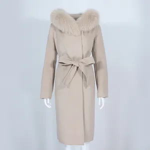 OFTBUY Echt Pelzmantel Winter Jacke Frauen Natürlichen Fuchs Pelz Kragen Mit Kapuze Kaschmir Wolle Blends Lange Oberbekleidung Dame Streetwear