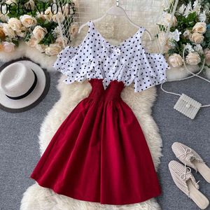 Aushöhlen Dot Frauen A-linie Süße V-ausschnitt Mini Kleid Sommer Koreanische Mädchen Urlaub Vestidos Mode 16995 210415