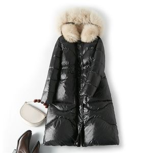 女性の冬のコート自然の毛皮のフード付き90％ホワイトアヒルダウンジャケットスリム女性ロングダウンパーカー女性厚い暖かいコート211007