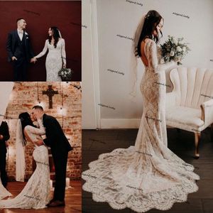 Kraj Boho Suknie ślubne Długie Rękawy Sheer Neck Full Lace Backless Suknie Ślubne Vestido de Fiesta Boda 2021