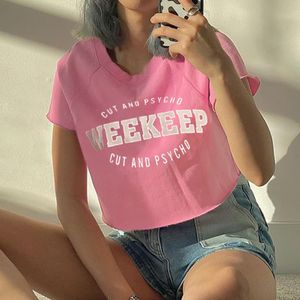 Casual Brief Gedruckt Kawaii Rosa Y2k Crop Tops Kurze SleeveT-Shirts Frauen Sommer Top Oansatz Lose T-shirt Feminina 210415
