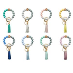 Fashion Wood Beaded Silicone Strands Beads Keychains Key Wristlet Bracelet Pendant Keyring For Women Tassel Keychain Bangle Accessories