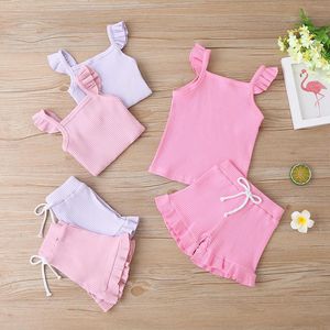 Girls Ruffle Cintas Tanques + Shorts Conjuntos Outfits Verão 2021 Kids Boutique Roupas 1-4t Crianças Casual 2 PC Set