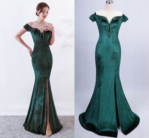 Kvinnors Evensk Klänning Sexig Värd Fishtail Kjol Long Velvet Slim Fit Dignified Atmosphere Prom Gowns Robe Vert émeraude