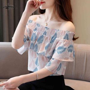 Summer Short Sleeve Off Shoulder Floral Chiffon Blouse Women Chemisier Femme Elegant Slim Fit Ruffle Tops 9213 50 210521