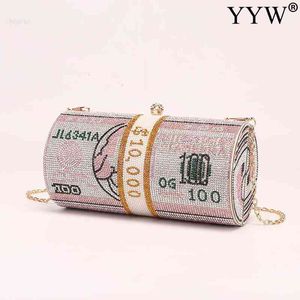 Yyw Geld Barrel-förmige Hand Frauen Diamant Dollar Abendessen Hochzeit Party Clutch Strass Geldbörse Kristall Abend Umhängetasche