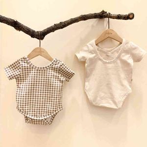 Baby Clothes Plaid 0-3Yrs Infant Boys Girls Bodysuits Short Sleeve Toodler One Piece 210429