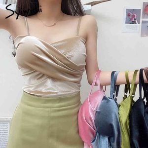 Syiwidii Velour Crop Tops Women Clothes Korean Fashion Clothing Bustier Green Khaki Spaghetti Strap Tank Top Short Camis 210417