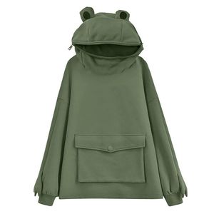 Frosch Hoodie Harajuku Sweatshirt Frauen Hoodies Süße Japan Top Kreative Nähte Niedliche Frösche Pullover Tasche Hoodie Tot Verkaufen 210728