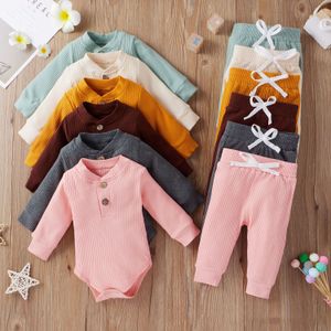 Höst Ins Baby Girls Ribbed Kläder Ställer Infant Romper och Byxor 2 Pieces Nyfödd Bomull Boutique Outfits Casual Kläder M3948