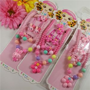 Dzieci Prezent Biżuteria Zestaw Dziewczyna Pearl Koraliki Cartoon Wisiorki Naszyjnik Bransoletka Ring Włosów Klip Hairband Zestawy M3500