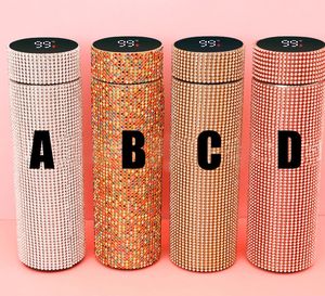 500ml diamant tumbler med temperatur display lyx kopp damer flash rostfritt stål full rhinestone bärbar vatten rån födelsedag flicka gåva i bulk grossist