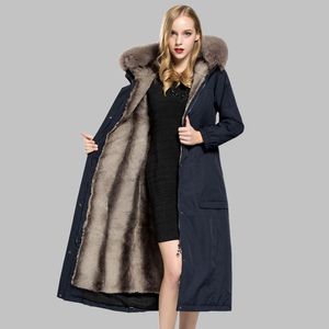 女性の毛皮のFaux 2021プラスサイズのアライグマの襟のライナーの取り外し可能な天然コート冬のジャケットX-Long女性ミンクフード付きパーカー