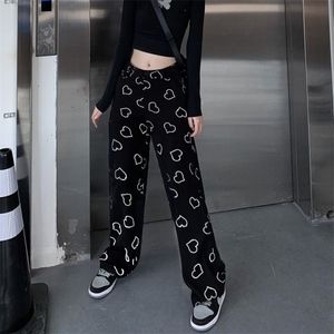 Houzhou Hip Hop Wide Perna Calças Mulheres Vintage Estilo Coreano Calças de Oversize para Feminino Moda Primavera Harajuku Coração Impressão 211115