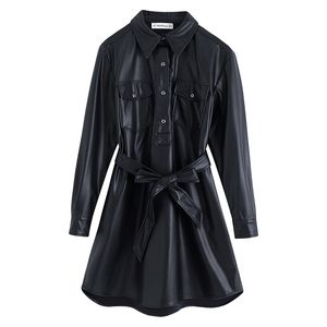 Chic Black Pockets PU Leather Dress Women Fashion Turn Down Collar Dresses Elegant Ladies Tie Belt Mini Dresses