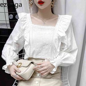 EZGAGA корейская мода женская блузка весенние квадратные воротники оборками вспышки рукава повязки белые рубашки шикарные All-Match Casual 210430