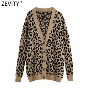 Zevity Women Vintage V Neck Leopard Print Cardigan Knitting Sweater Kvinna Chic Långärmad Single Breasted Slim Tops S616 210603