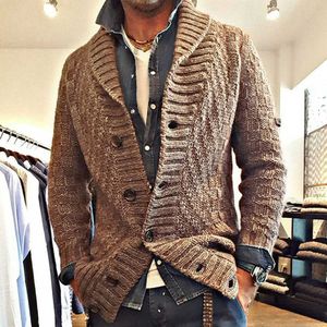 Pomyślny stały męski w stylu retro gruby stały kolor z długim rękawem Lapel jednobiegły sweter Slim Kardigan Kurtka Y0907