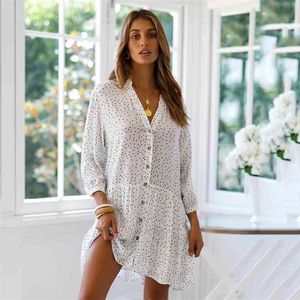 Casual Dot White Dress Knappar Sommar Kvinnor Loose Shirt Sleeve Springs Plus Size Vestidos 210427