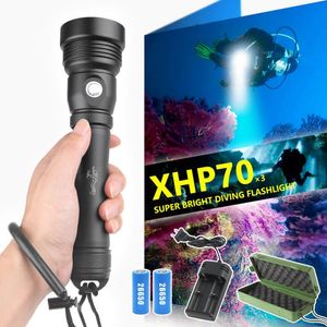 Flashlights facklor XHP70 Dykning Super Bright LED IPX68 Vattentät 18650 Uppladdningsbar undervattenslyktor Hunting Yrke -dyk