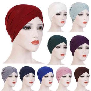 Женщины сплошные Индия Шляпа Мусульманские рюшами Рак Chemo Beanie Turban Wrap Caper Cap Cap Head Callf Для Мусульманских Женщин Твердый Хлопок Turban Y1229