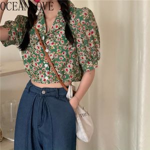 Korta Blusas Mujer Blomstryck Sommar Toppar Kvinnor Blusar Grön Sexig Koreansk Fashion Shirt Sweet Puff Sleeve 17209 210415