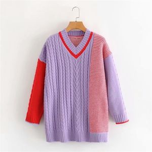 Kvinnor Vintertröja Pullovers V Neck Patchwork Purple Haraju Jumpers Oversized Sticka Lösa Stickkläder Twisted Sweaters 210430