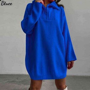 Women Zipper Polo Neck Sweaters Dress Casual Long Sleeve Oversized Pullovers Female Stitching Stripes Knitted Jumper Dress 2021 G1214