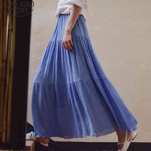 Niebieski Boho Kobiet Kobiet Dorywczo Lato Bawełniana Linowa Spódnica Elastyczna Talia Kobiety Maxi Długie Spódnice 9934 210417