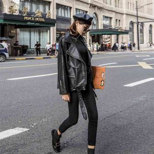 Casual Biker Jackor Outwear Kvinna Toppar PU Faux Läder Kvinnor Lösa Sashes BF Style Black Coat 210430