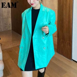 [EAM] Women Green Pu Leather Big Size Blazer Lapel Long Sleeve Loose Fit Jacket Fashion Spring Autumn 1DD6438 21512