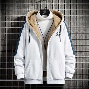 Män höst vinter hoodie jacka päls fodrad tjock blixtlås hoodie tröja casual sport coat hooded koreanska mode vit hoodie 211014